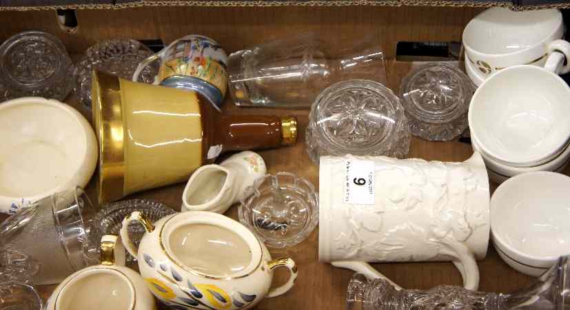 Appraisal: Tray of Mixed Glass and Pottery consisting Wade Bells Whisky