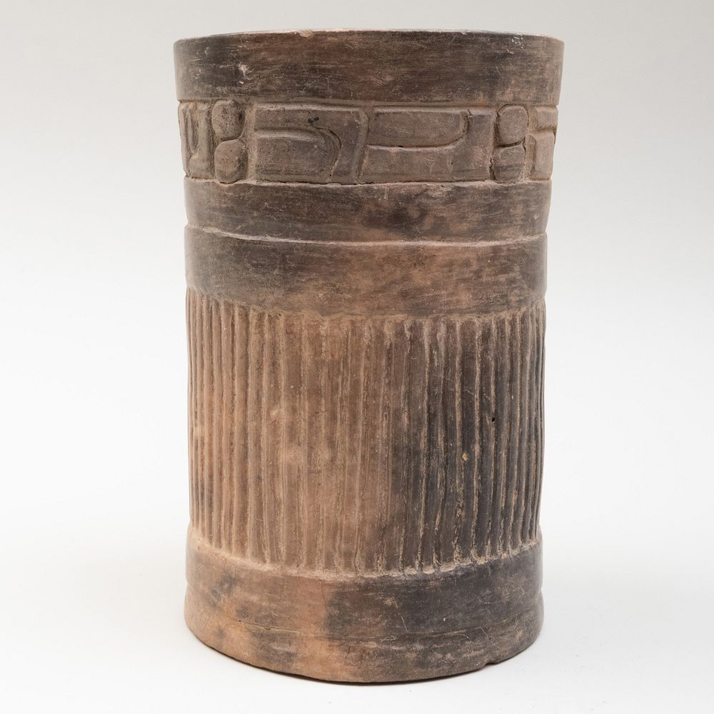 Appraisal: Mayan Carved Grayware Cylindrical Vase x in diam Property From