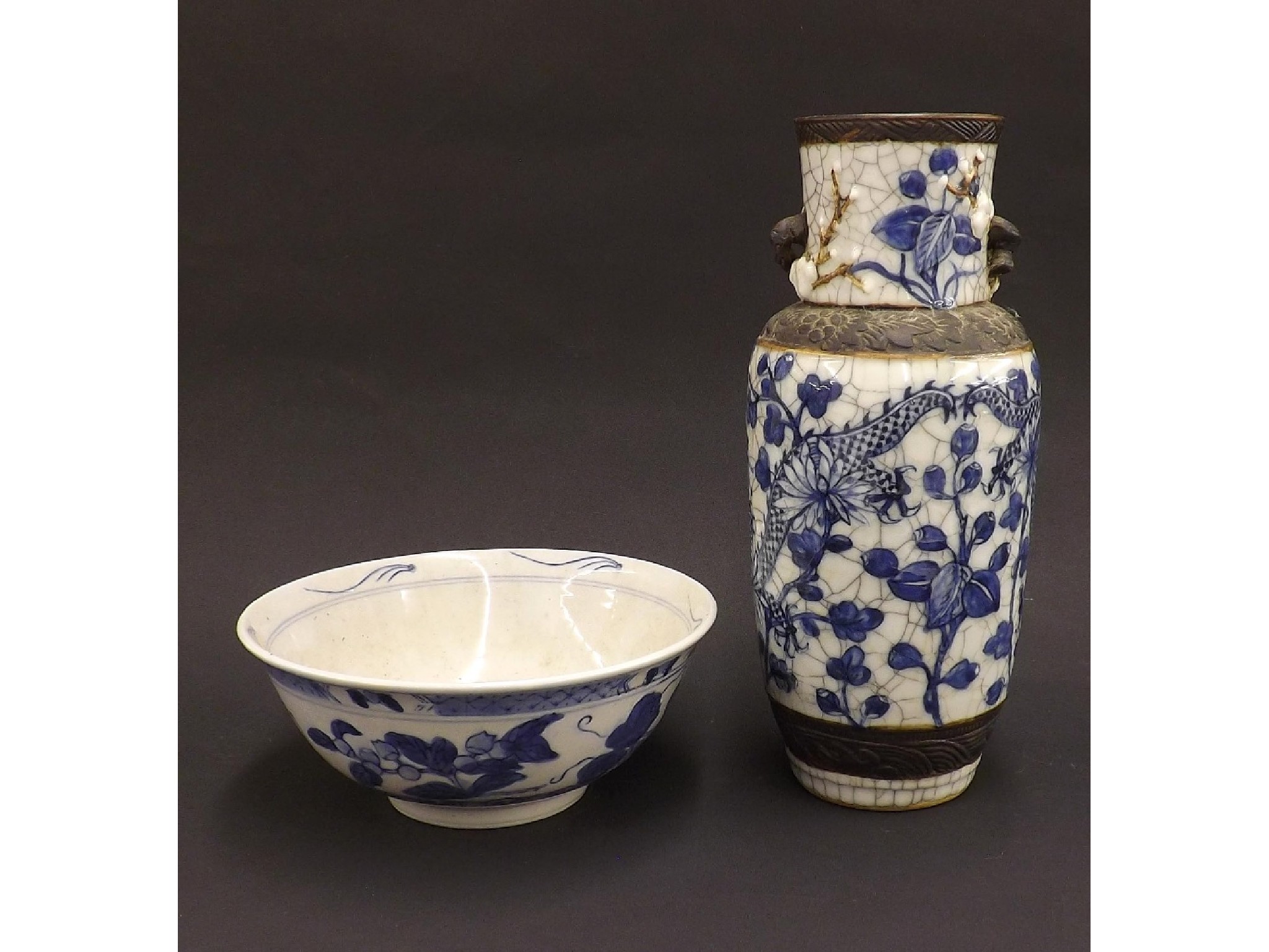 Appraisal: Chinese export blue and white crackle glaze vase with bronze