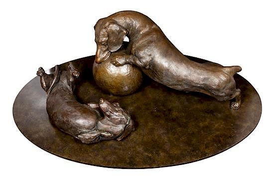 Appraisal: A Bronze Dachshund Figural Group Width of base inches A