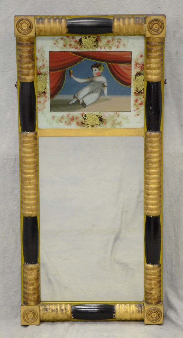 Appraisal: Gilt ebonized framed split spindle Sheraton wall mirror with egliomaise