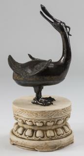 Appraisal: Ming style bronze duck censer w marble base h Ming