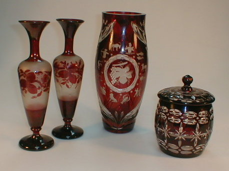 Appraisal: Ruby flash glass vases and overlay biscuit jar