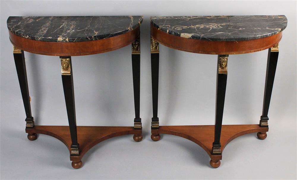 Appraisal: PAIR OF EMPIRE STYLE DEMILUNE MARBLE TOPPED CONSOLE TABLES taupe