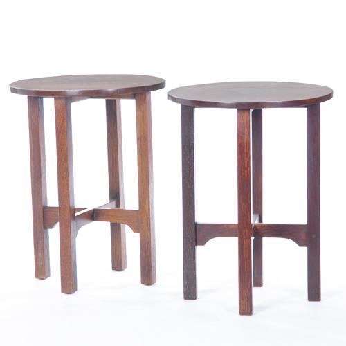 Appraisal: GUSTAV STICKLEY Pair of stands with circular overhanging tops and