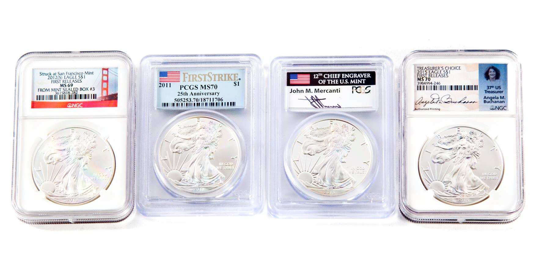 Appraisal: FOUR SILVER EAGLES First Strike th Anniversary MS PCGS -S