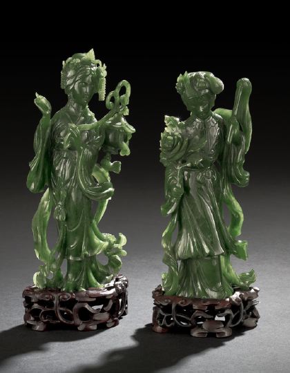 Appraisal: Pair of Chinese Carved Spinach Jade Figures of Female Deities