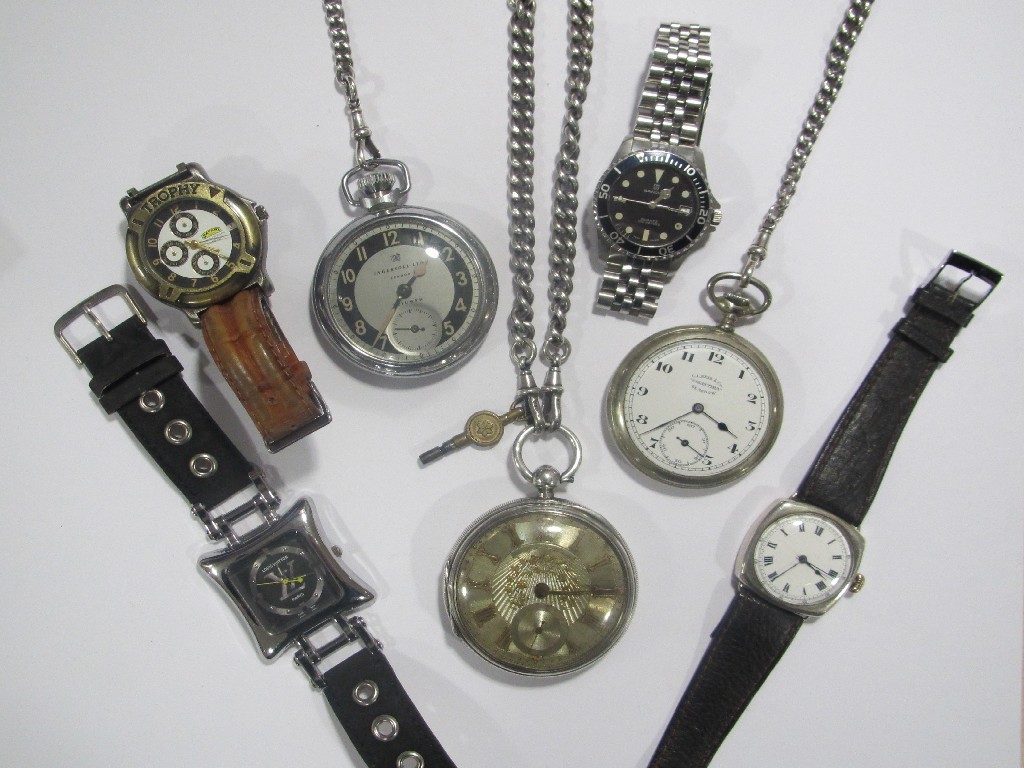 Appraisal: Lot comprising three silver Albert chains silver pocket watch a