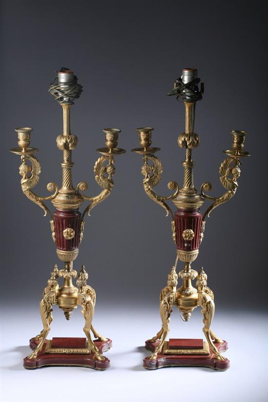 Appraisal: PAIR EMPIRE-STYLE BRONZE DOR AND ROUGE DE FER MARBLE TWO-LIGHT