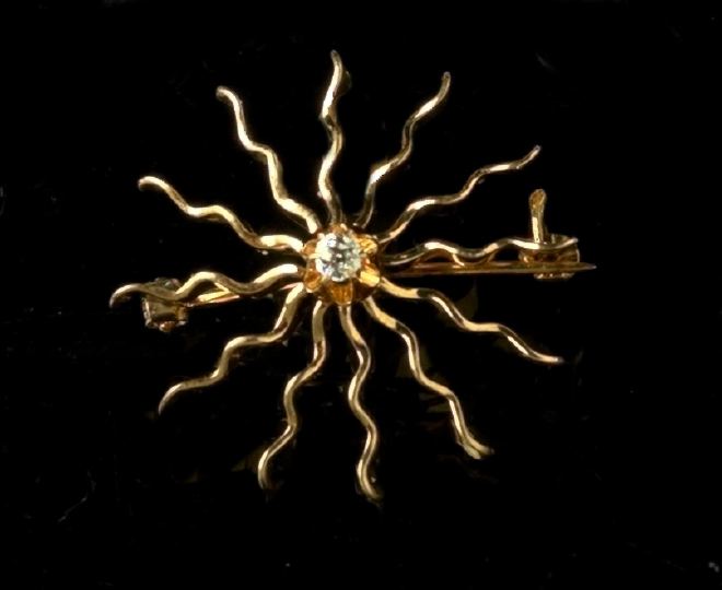 Appraisal: Edwardian Fourteen-Karat Yellow Gold and Diamond Sunburst Brooch first quarter