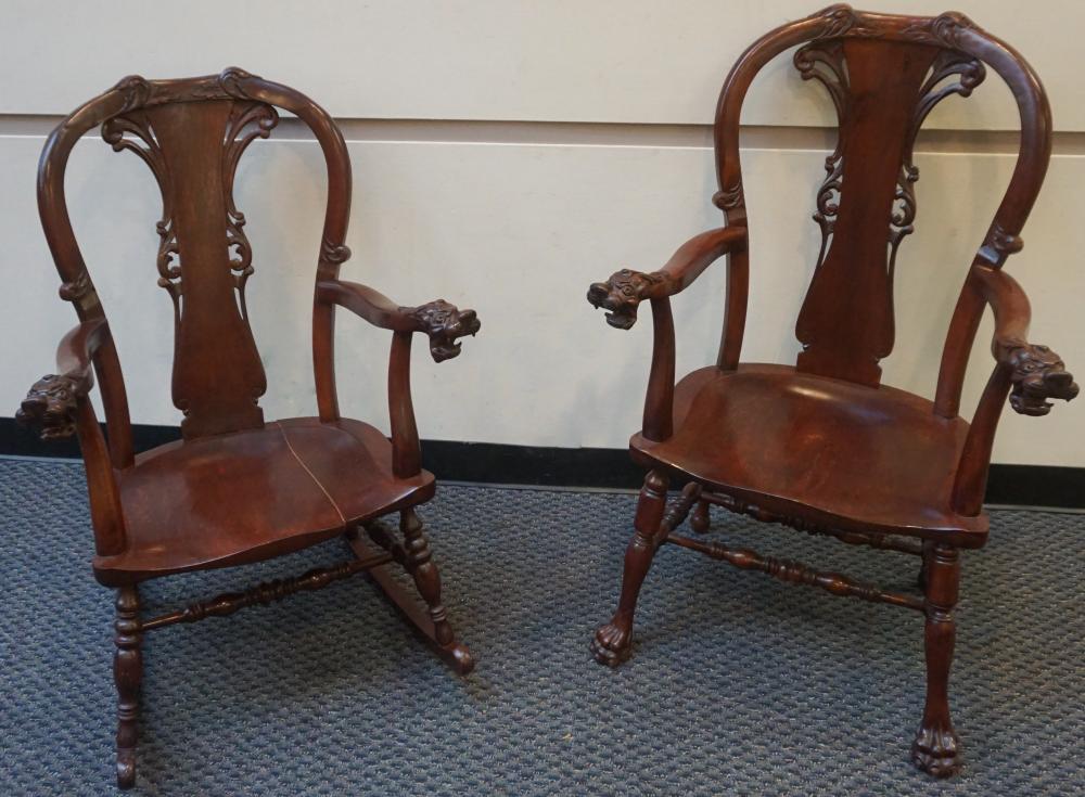 Appraisal: CLASSICAL STYLE CARVED MAHOGANY ARM ROCKER AND ARMCHAIRClassical Style Carved