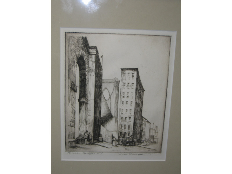 Appraisal: LEON R PESCHERET TH CENTURY BROOKLYN BRIDGE etching monogrammed and