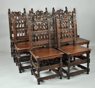 Appraisal: A Set Of Eight Ornately Carved Dining Chairs Belgian ca