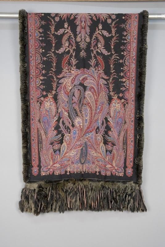 Appraisal: PAISLEY PRINTED CASHMERE STOLE with FUR TRIM Polychrome print reversing