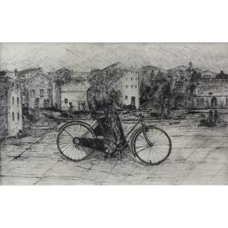 Appraisal: Vintage European School Etching Man with Bike Street Scene Unsigned