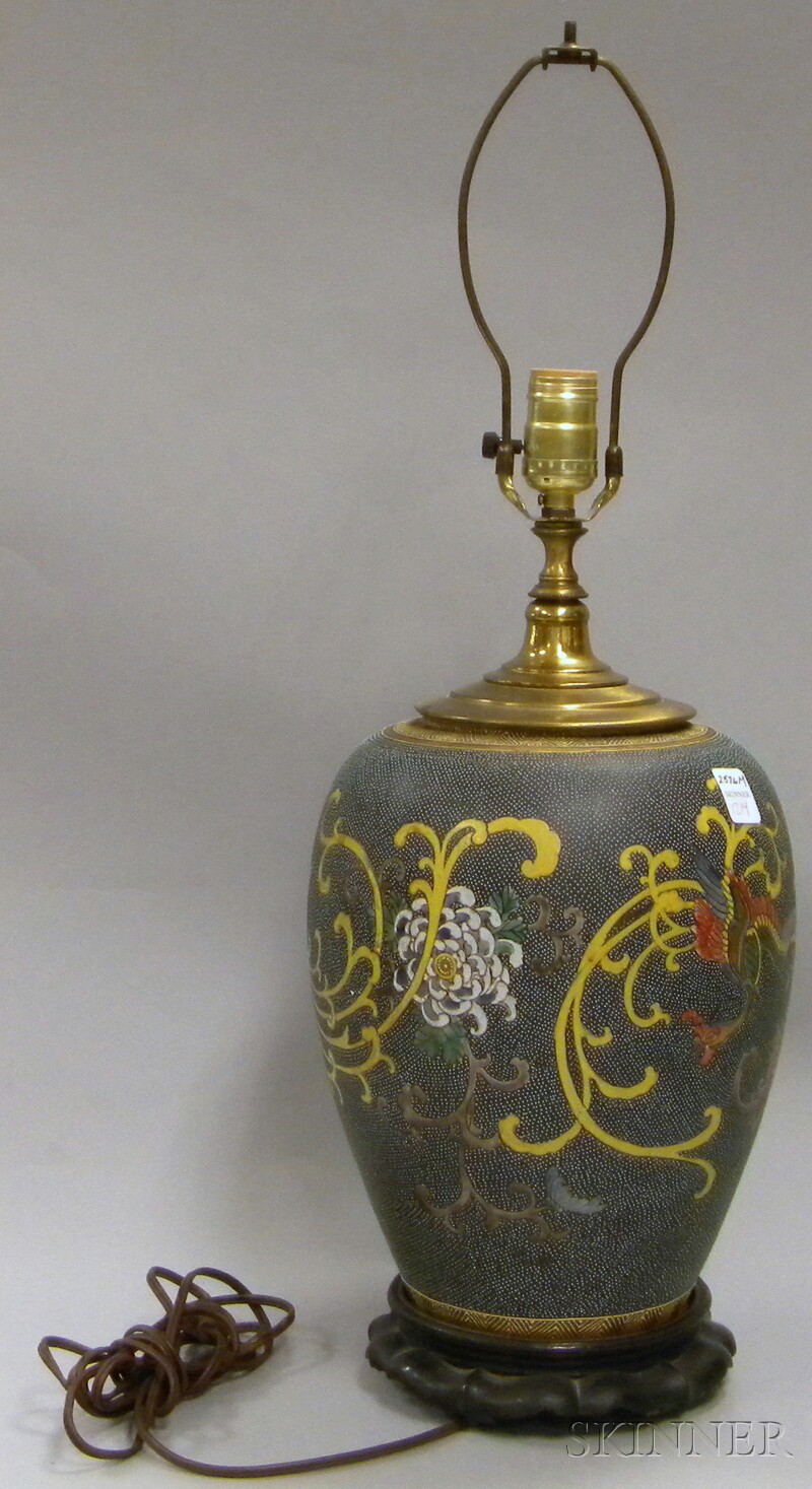 Appraisal: Chinese Enamel-decorated Porcelain Vase Table Lamp with brown ground glaze