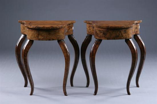 Appraisal: PAIR ITALIAN BURLED WALNUT CONSOLES th century Veneered lyre-shaped top