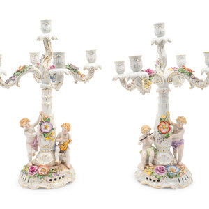 Appraisal: A Pair of German Porcelain Five-Light Candelabra EARLY TH CENTURY