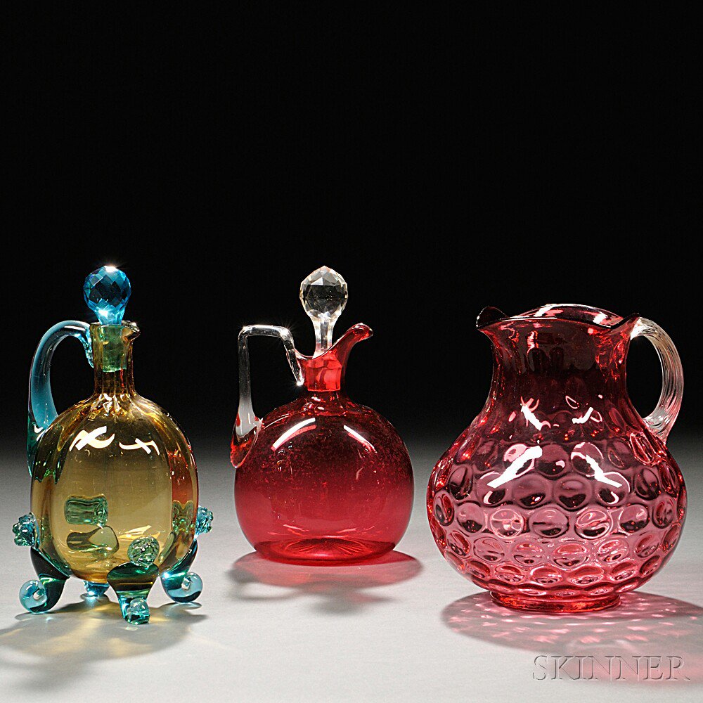 Appraisal: Three Pieces of Glass Tableware a cranberry thumbprint pitcher ht