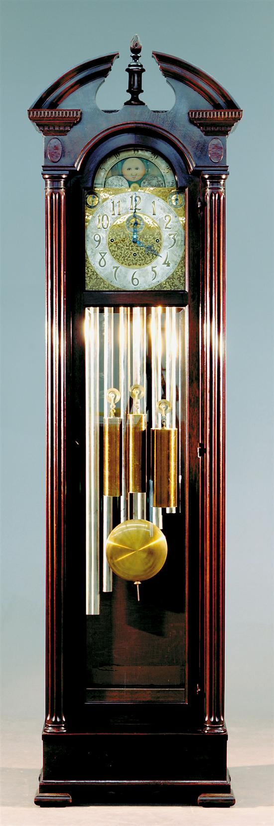 Appraisal: American tubular strike hall clock circa mahogany case with dentil-molded