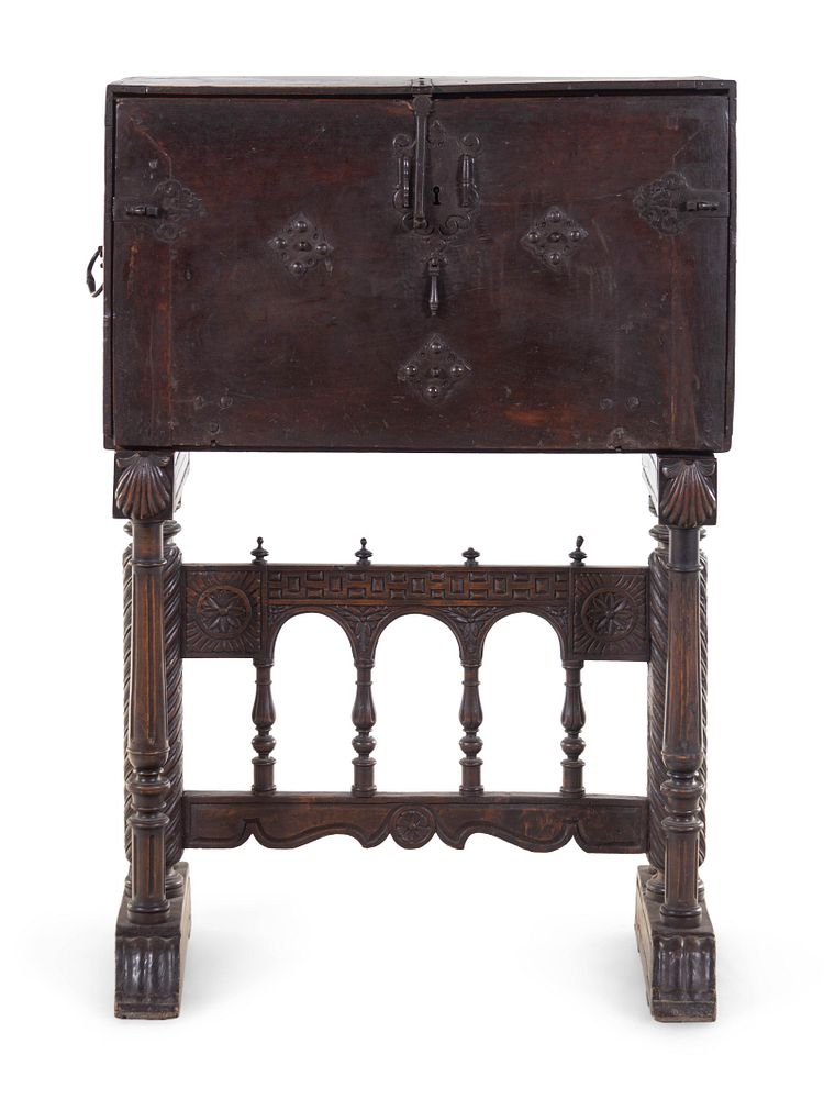 Appraisal: A Spanish Iron Mounted Carved Walnut Vargue o on Stand