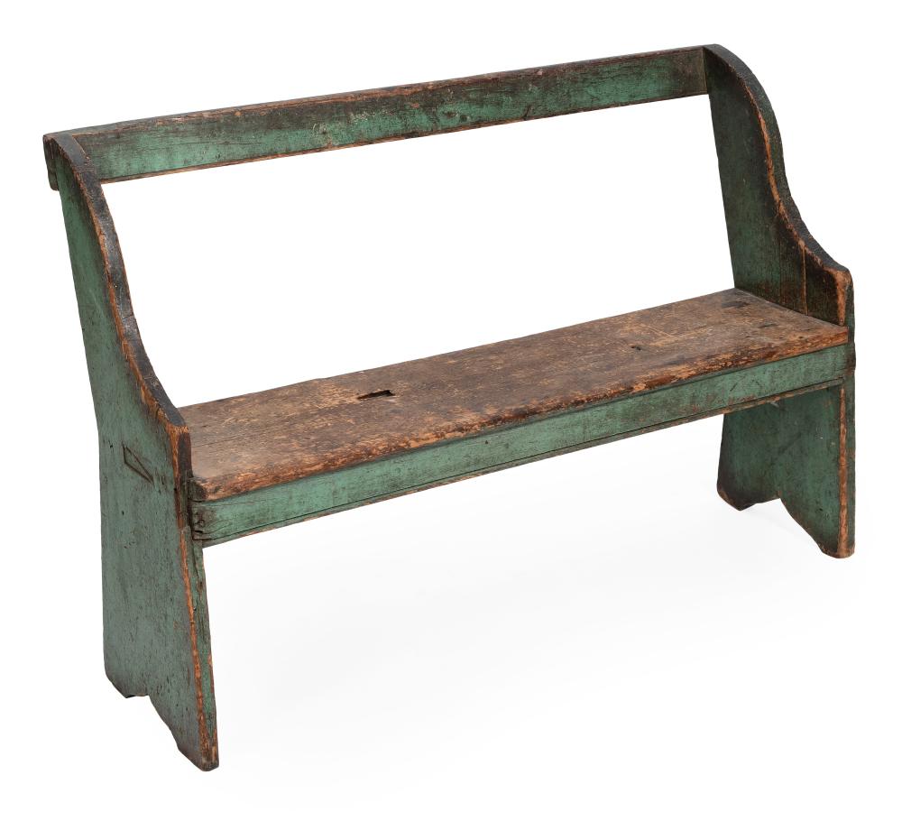 Appraisal: PRIMITIVE GREEN-PAINTED BENCH LATE TH CENTURY BACK HEIGHT LENGTH DEPTH