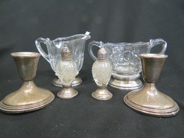 Appraisal: Sterling Silver Items candleholders crystal creamer sugar salt pepper with