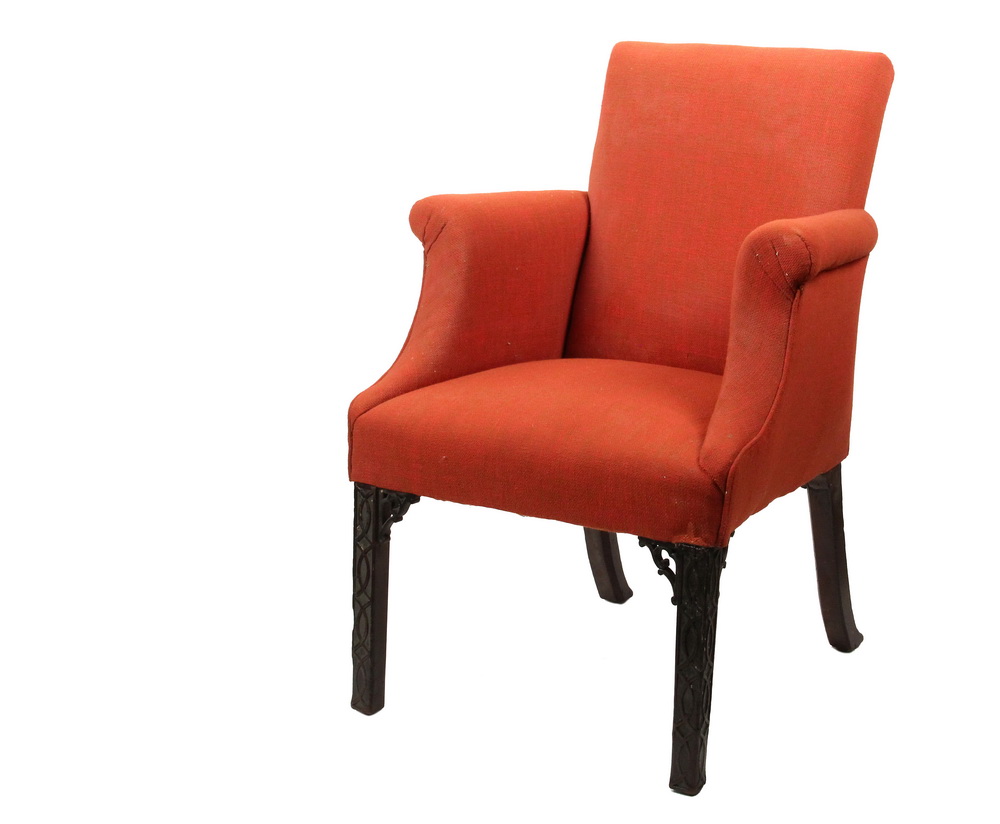 Appraisal: CHIPPENDALE ARMCHAIR - Chinese Chippendale Upholstered Armchair square back rolled