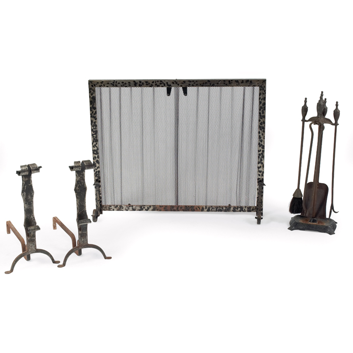 Appraisal: Arts and Crafts fire set assembled set in wrought iron