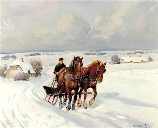 Appraisal: Johannes Meyer Andersen Danish - HORSE DRAWN SLEIGH oil on