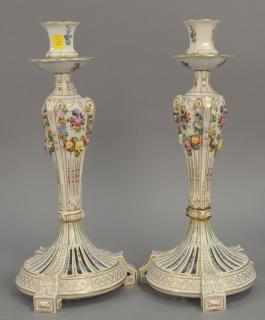 Appraisal: Pair of Dresden reticulated candlesticks as is - both repaired