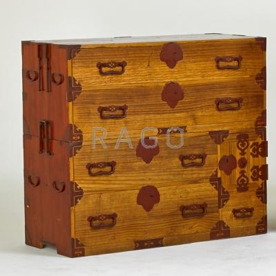 Appraisal: TANSU CHEST Campaign style chest th c Mixed woods x