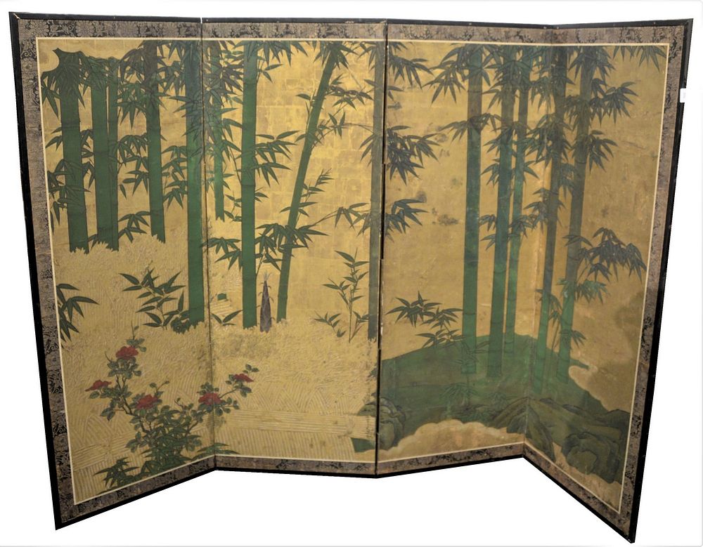 Appraisal: A Four-Fold Gold Leafed and Painted Paper Screen subject of