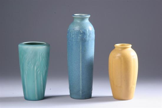 Appraisal: THREE ROOKWOOD ART POTTERY VASES One tall matte blue glaze