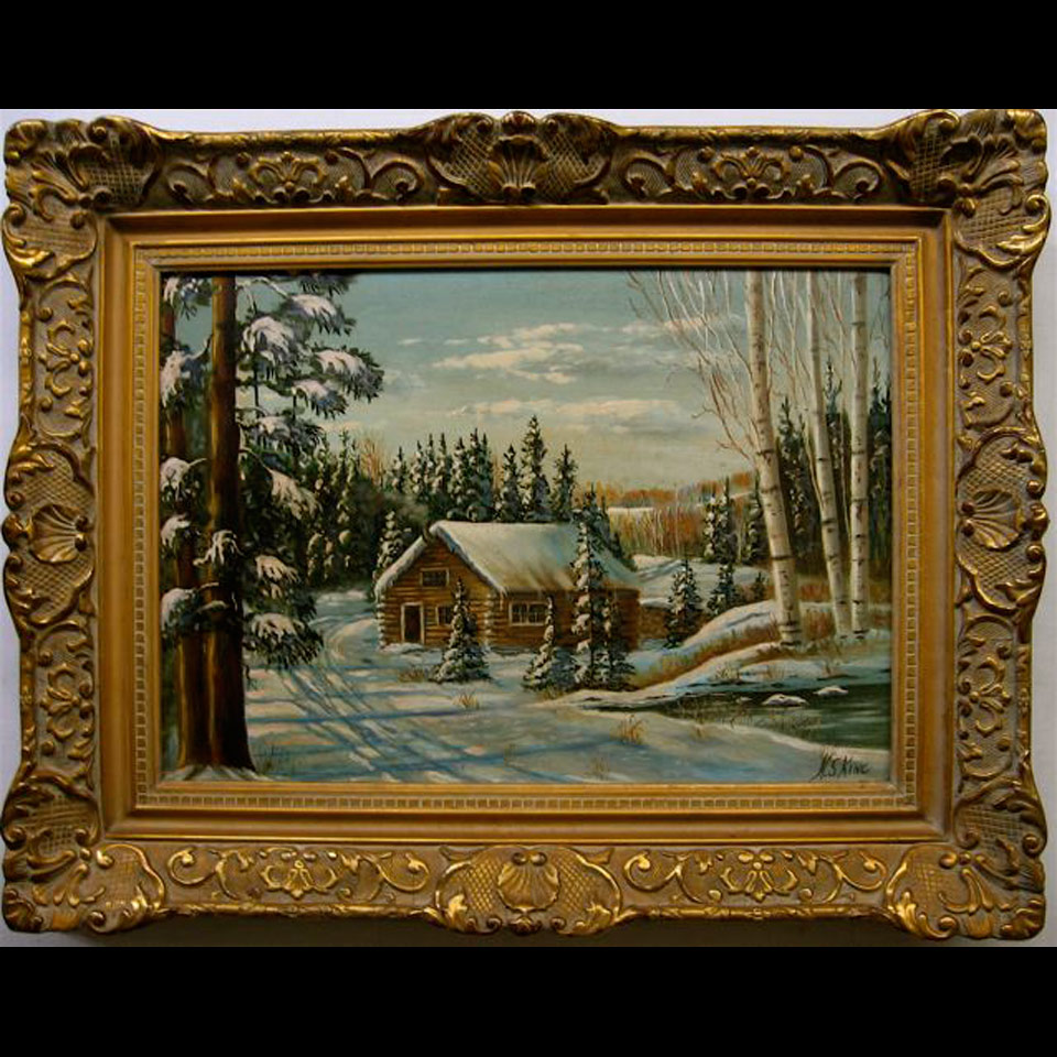 Appraisal: WINTER SCENE WITH LOG CABIN HAROLD S KING - CANADIAN