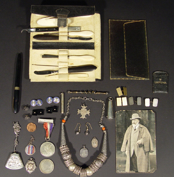 Appraisal: Collection of objects including a leather-cased ivory and steel manicure