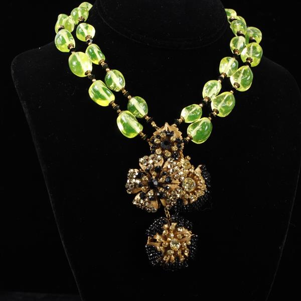 Appraisal: Miriam Haskell Bright Green Vaseline Glass Beaded Necklace with Gilt