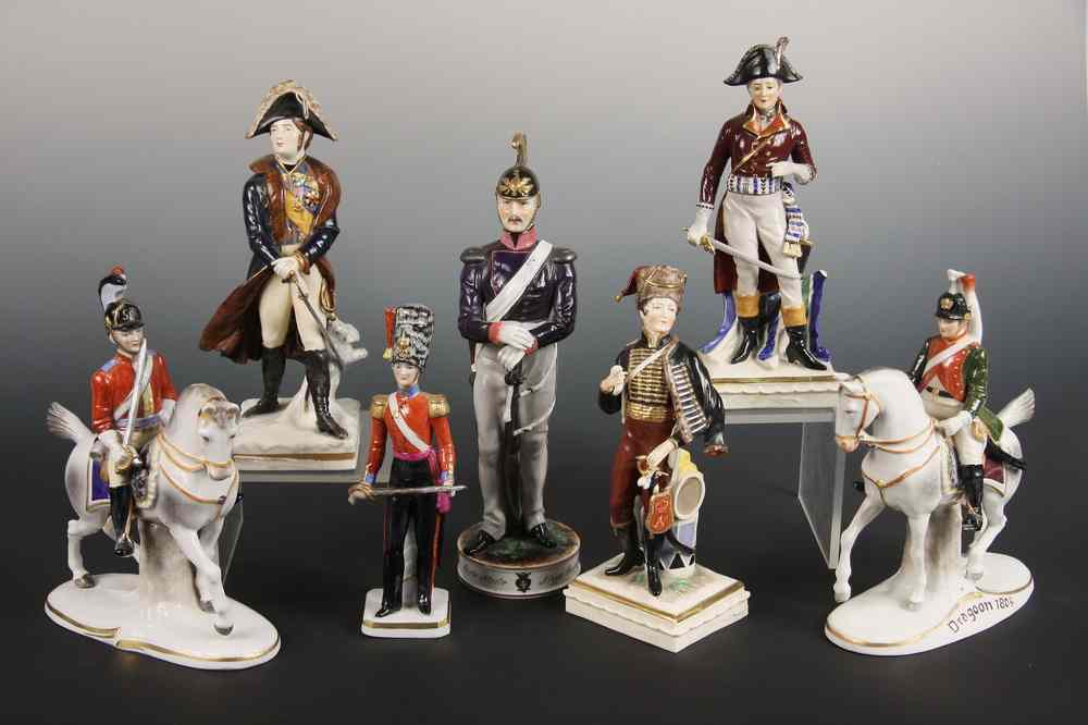 Appraisal: EUROPEAN PORCELAIN MILITARY FIGURINES - Including Two Mounted Soldiers by