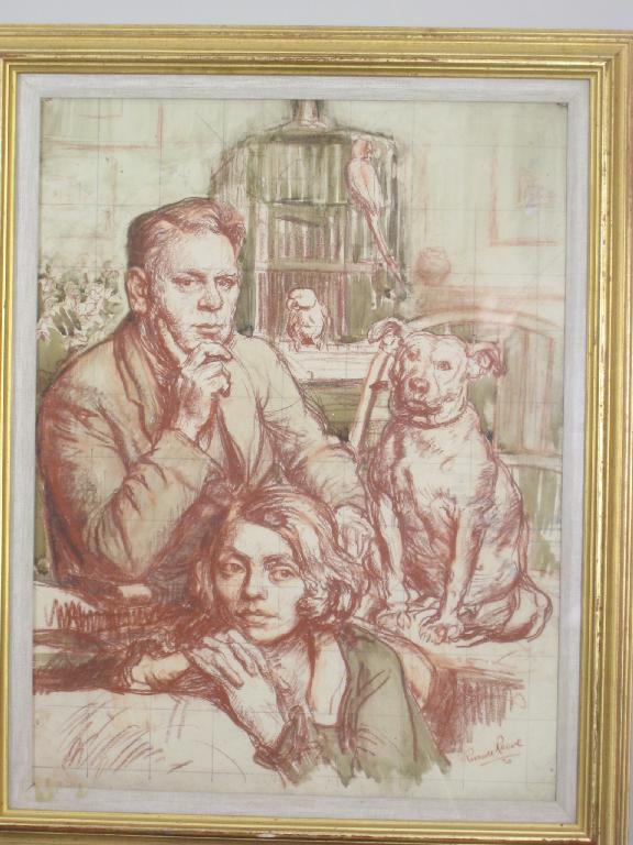 Appraisal: RUSSELL REEVE A Family Group with Dog signed red crayon