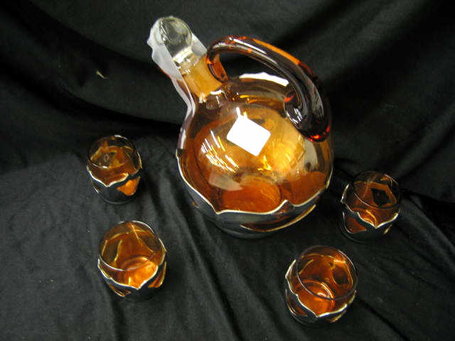 Appraisal: Cambridge Amber Glass Decanter with cordials Farber chrome holders Deco