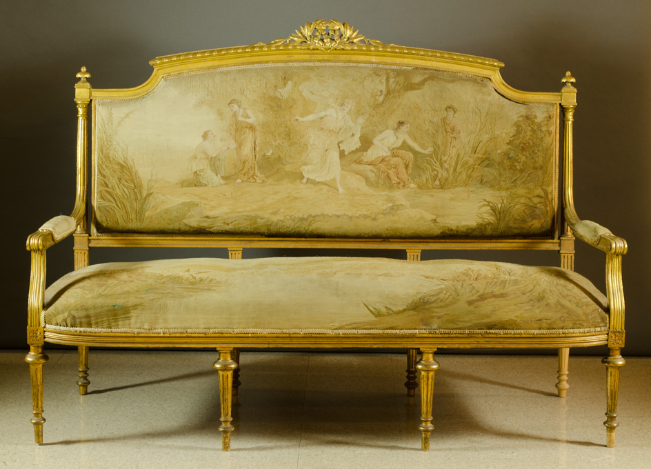 Appraisal: LOUIS XVI STYLE GILTWOOD AND TAPESTRY COVERED CANAPE French th