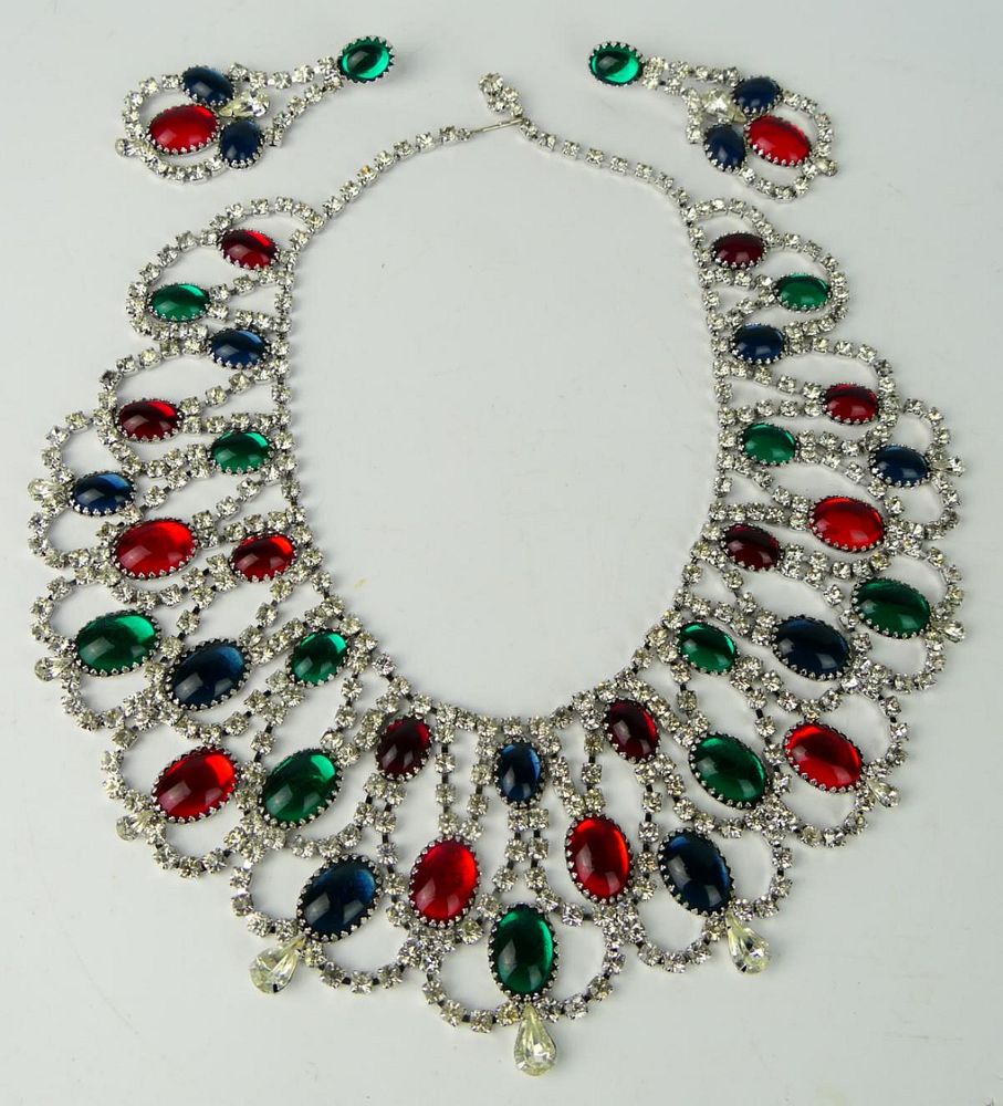 Appraisal: HI-FASHION SILVER TONE FAUX JEWEL COSTUME SUITE Bib necklace with