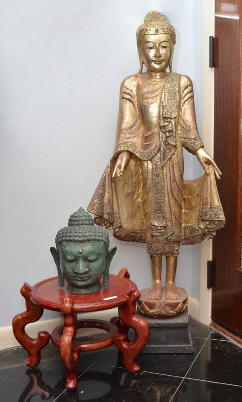 Appraisal: CARVED GILT WOOD STANDING BUDDHA CAST BUDDHA BUST pieces total