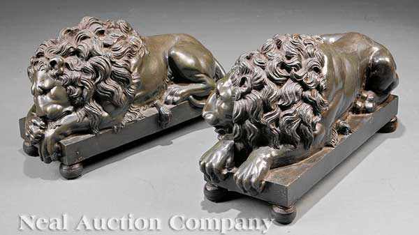 Appraisal: A Pair of Patinated Bronze Recumbent Lions after those modeled