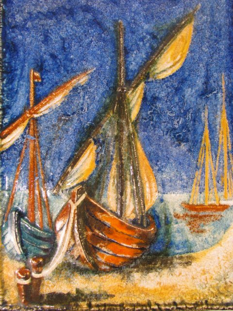 Appraisal: Karlsruhe German enameled ceramic tile depicting several sail boats moored