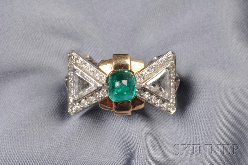 Appraisal: Retro Emerald and Diamond Ring prong-set with a sugarloaf cabochon