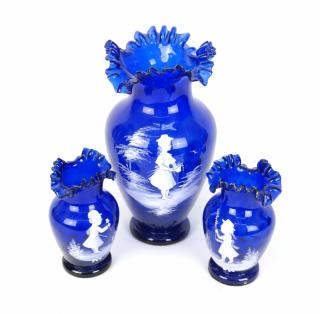 Appraisal: Three Blue Mary Gregory Glass Vases Set of three Mary