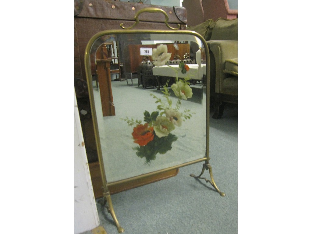 Appraisal: Painted glass and brass firescreen