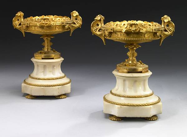 Appraisal: A pair of French Aesthetic gilt bronze mounted marble tazza