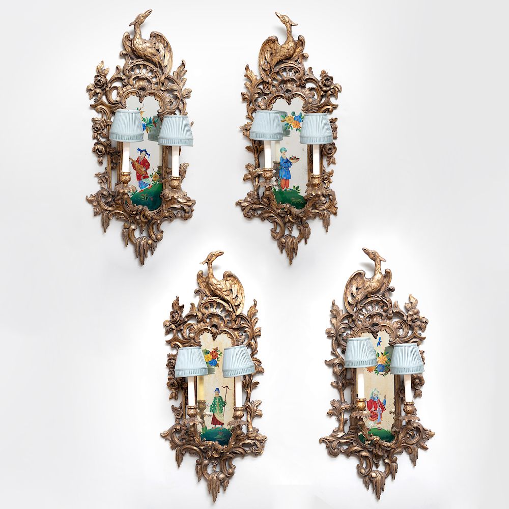 Appraisal: Four George II Style Giltwood and Reverse Painted Two-Light Girandole